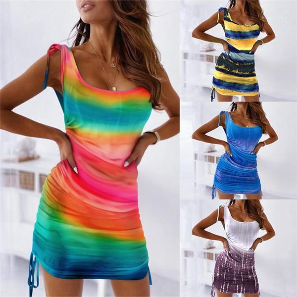 summer sleeveless clothing casual u neck patchwork women slim dresses side drawstring tie dye bandage dresses womens designer, Black;gray